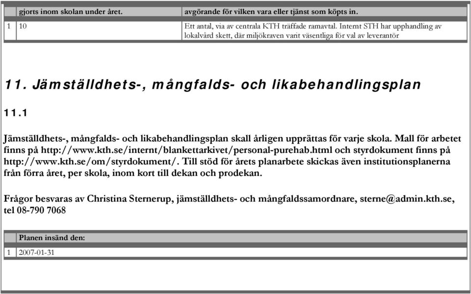 1 Jämställdhets-, gfalds- och likabehandlingsplan skall årligen upprättas för varje skola. Mall för arbetet finns på http://www.kth.se/internt/blankettarkivet/personal-purehab.