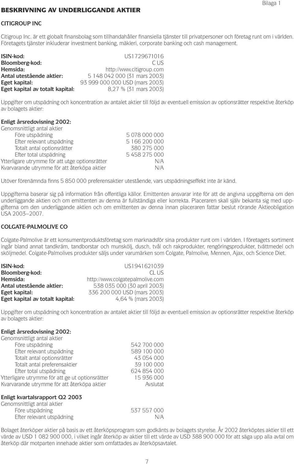 com Antal utestående aktier: 5 148 042 000 (31 mars 2003) Eget kapital: 93 999 000 000 USD (mars 2003) Eget kapital av totalt kapital: 8,27 % (31 mars 2003) Före utspädning 5 078 000 000 Efter