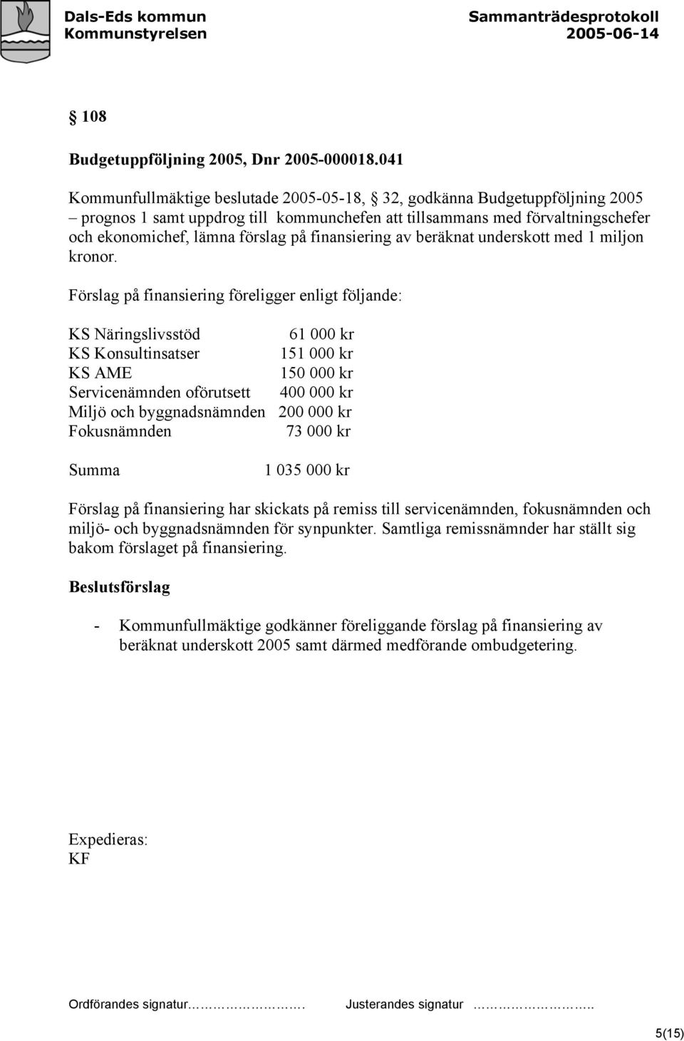 finansiering av beräknat underskott med 1 miljon kronor.