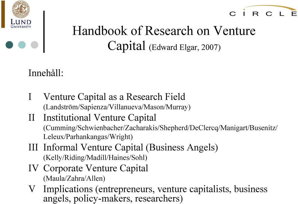 (Cumming/Schwienbacher/Zacharakis/Shepherd/DeClercq/Manigart/Busenitz/ Leleux/Parhankangas/Wright) III Informal Venture Capital