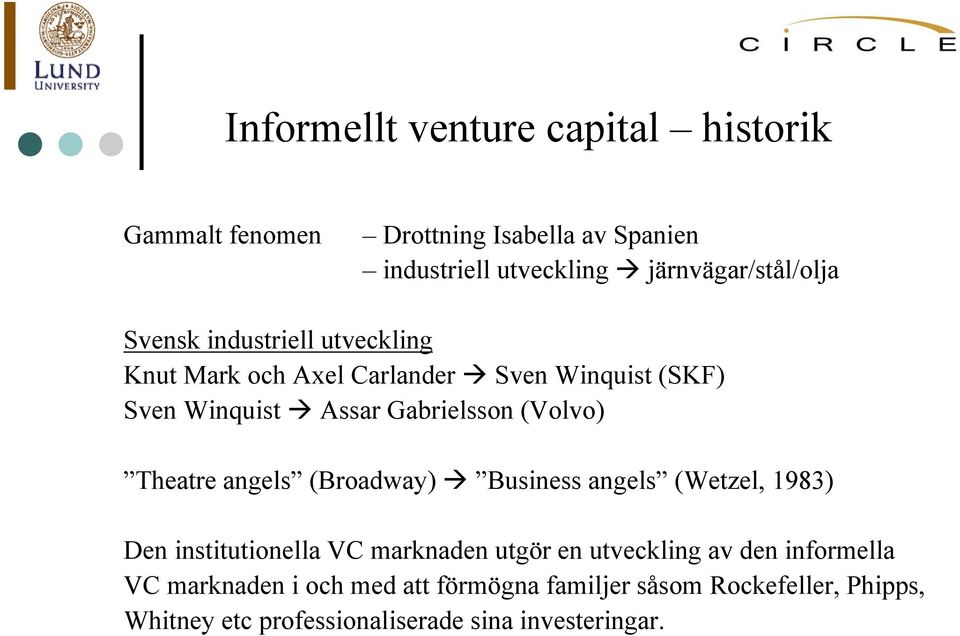 Gabrielsson (Volvo) Theatre angels (Broadway) Business angels (Wetzel, 1983) Den institutionella VC marknaden utgör en