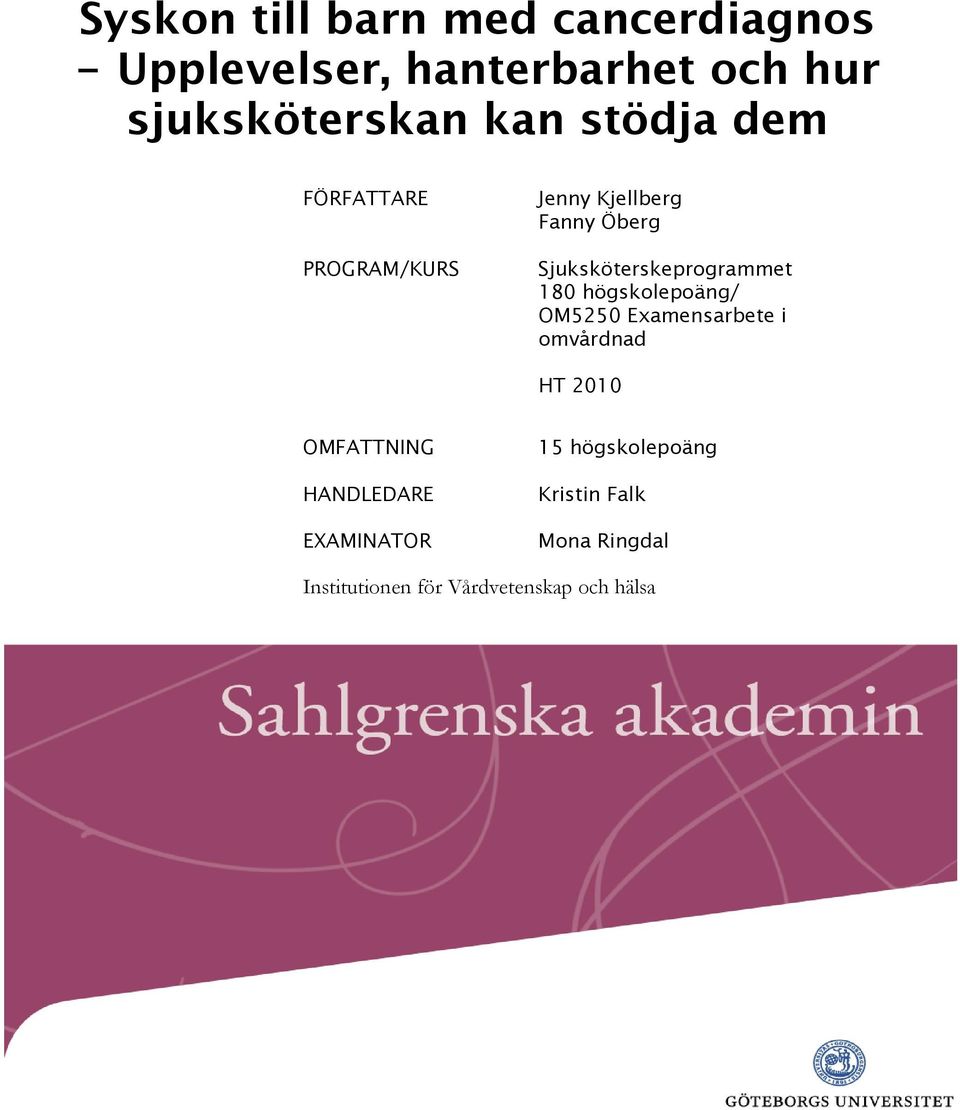 Sjuksköterskeprogrammet 180 högskolepoäng/ OM5250 Examensarbete i omvårdnad HT 2010