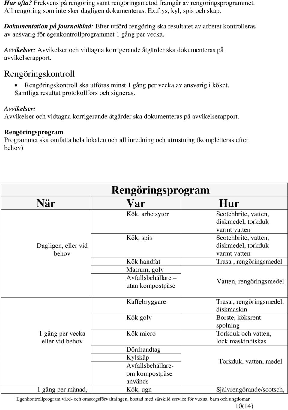 Avvikelser: Avvikelser och vidtagna korrigerande åtgärder ska dokumenteras på avvikelserapport. Rengöringskontroll Rengöringskontroll ska utföras minst 1 gång per vecka av ansvarig i köket.