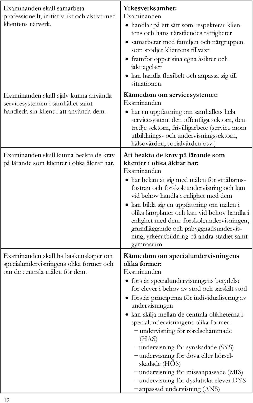12 Yrkesverksamhet: handlar på ett sätt som respekterar klientens och hans närståendes rättigheter samarbetar med familjen och nätgruppen som stödjer klientens tillväxt framför öppet sina egna