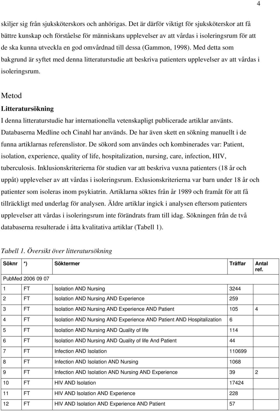 (Gammon, 1998). Med detta som bakgrund är syftet med denna litteraturstudie att beskriva patienters upplevelser av att vårdas i isoleringsrum.