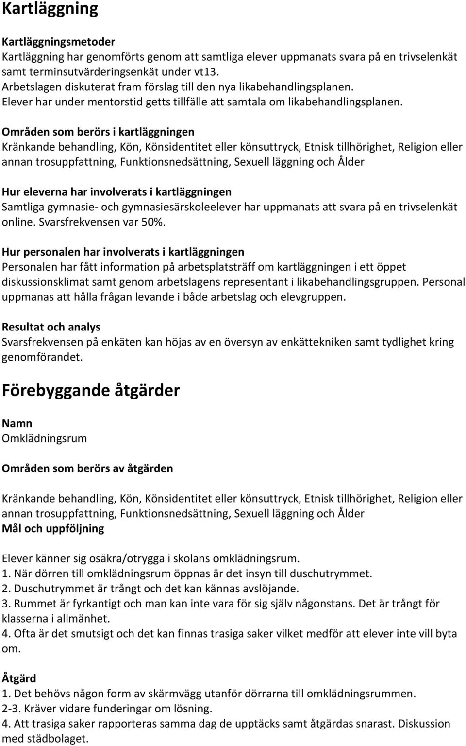 Områden som berörs i kartläggningen Kränkande behandling, Kön, Könsidentitet eller könsuttryck, Etnisk tillhörighet, Religion eller annan trosuppfattning, Funktionsnedsättning, Sexuell läggning och