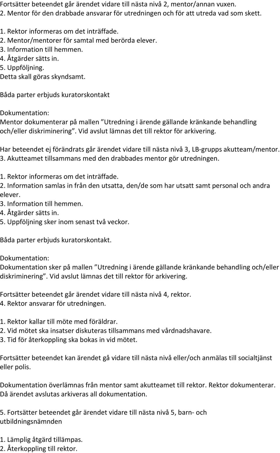 Båda parter erbjuds kuratorskontakt Dokumentation: Mentor dokumenterar på mallen Utredning i ärende gällande kränkande behandling och/eller diskriminering.