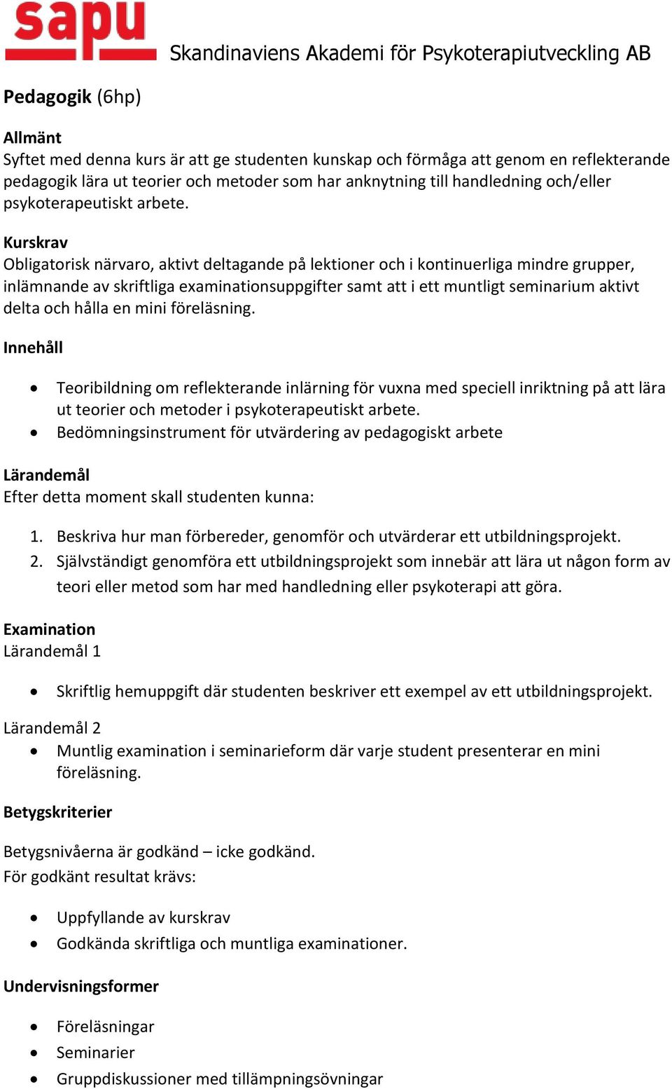 Teoribildning om reflekterande inlärning för vuxna med speciell inriktning på att lära ut teorier och metoder i psykoterapeutiskt arbete.