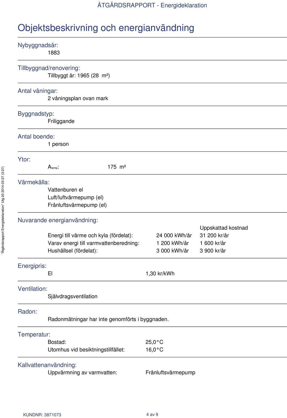 200 kr/år Varav energi till varmvattenberedning: 1 200 kwh/år 1 600 kr/år Hushållsel (fördelat): 3 000 kwh/år 3 900 kr/år Energipris: El 1,30 kr/kwh Ventilation: Självdragsventilation Radon: