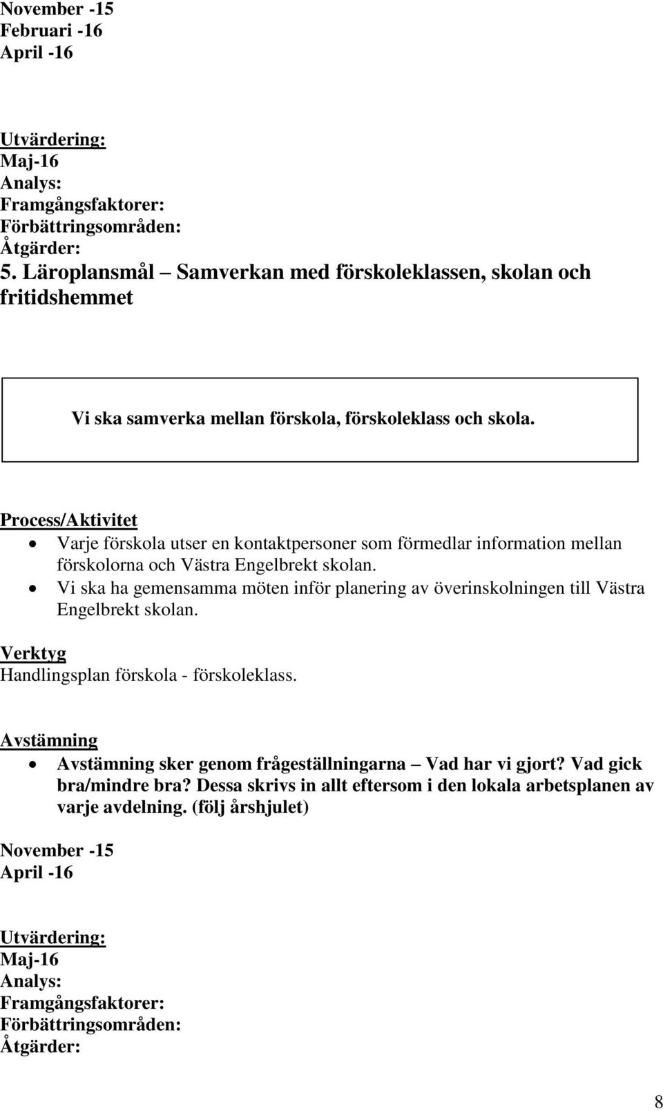 Varje förskola utser en kontaktpersoner som förmedlar information mellan förskolorna och Västra Engelbrekt skolan.