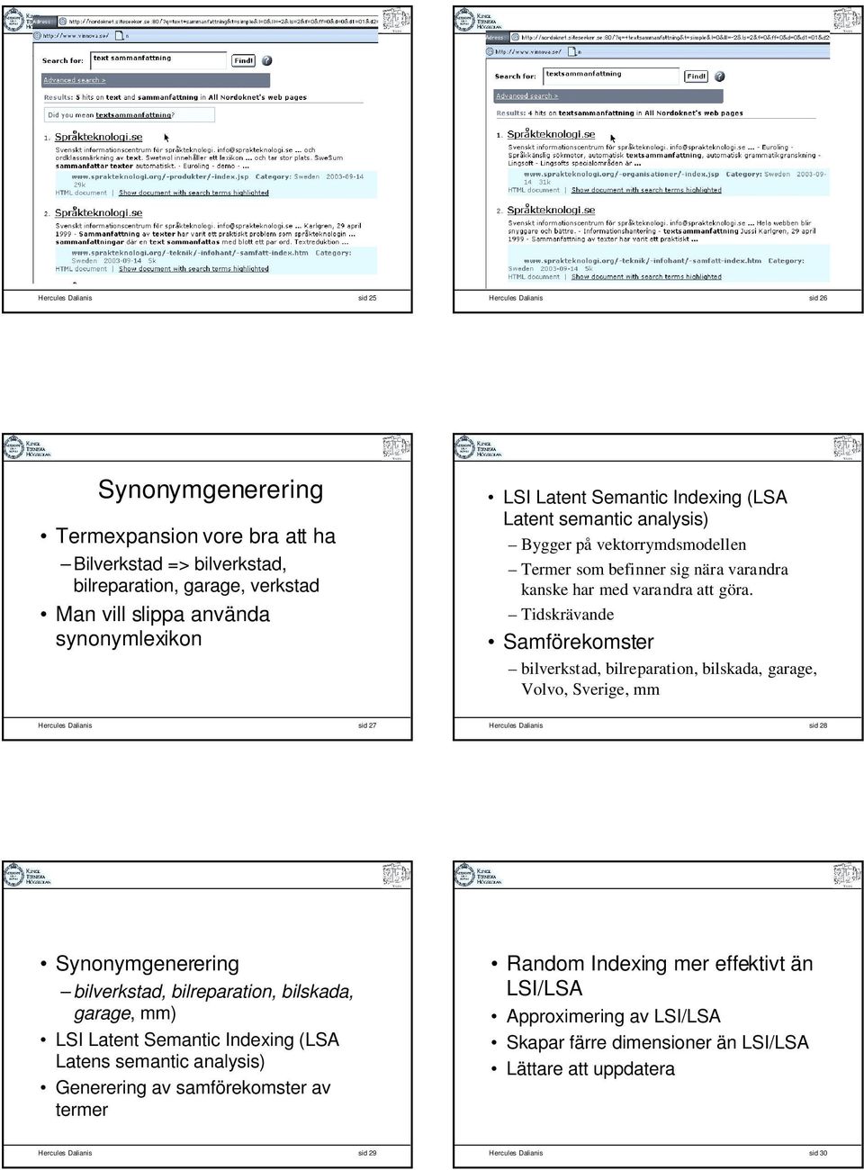 Tidskrävande Samförekomster bilverkstad, bilreparation, bilskada, garage, Volvo, Sverige, mm Hercules Dalianis sid 27 Hercules Dalianis sid 28 Synonymgenerering bilverkstad, bilreparation, bilskada,