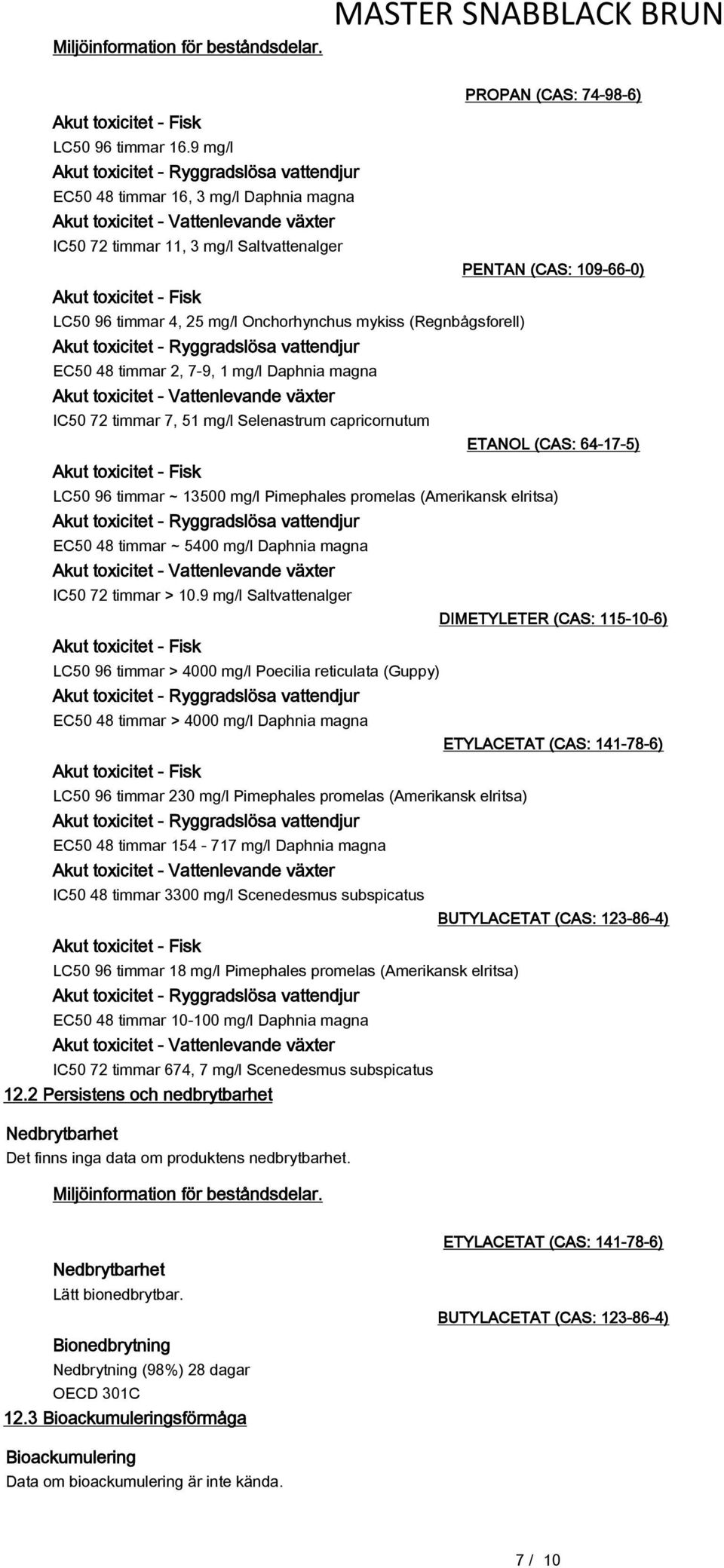 timmar 2, 7-9, 1 mg/l Daphnia magna Akut toxicitet - Vattenlevande växter IC50 72 timmar 7, 51 mg/l Selenastrum capricornutum PROPAN (CAS: 74-98-6) PENTAN (CAS: 109-66-0) ETANOL (CAS: 64-17-5) LC50