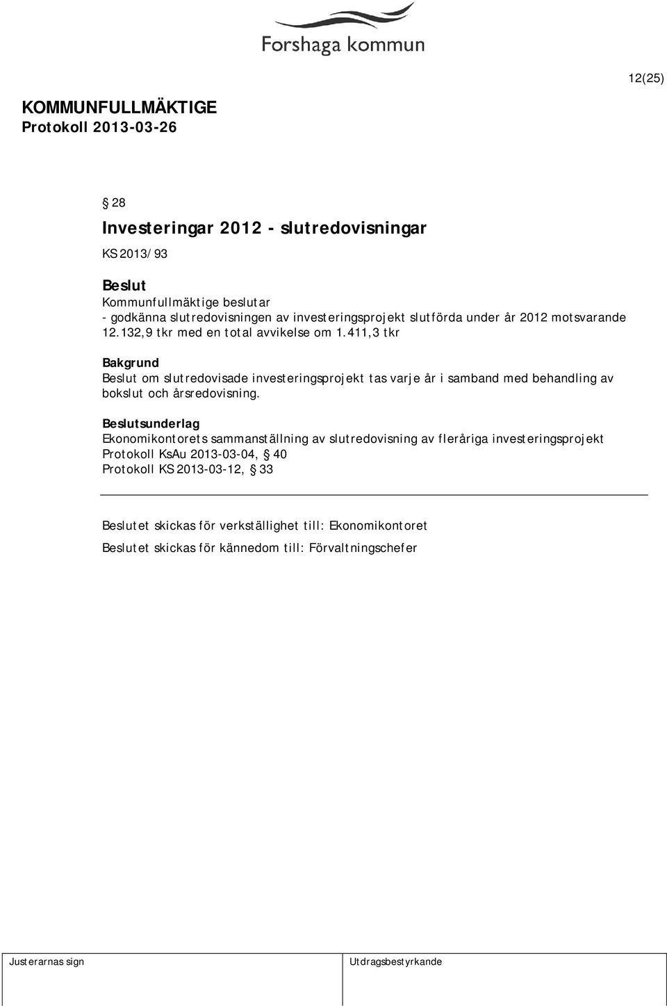 411,3 tkr om slutredovisade investeringsprojekt tas varje år i samband med behandling av bokslut och årsredovisning.