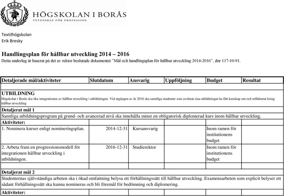 Vid utgången av år 2016 ska samtliga studenter som avslutat sina utbildningar ha fått kunskap om och reflekterat kring hållbar utveckling Samtliga utbildningsprogram på grund- och avancerad nivå ska