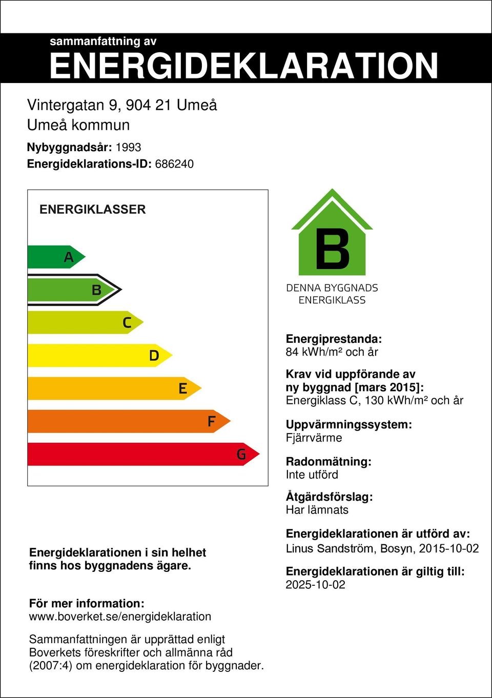 Energideklarationen i sin helhet finns hos byggnadens ägare. För mer information: www.boverket.