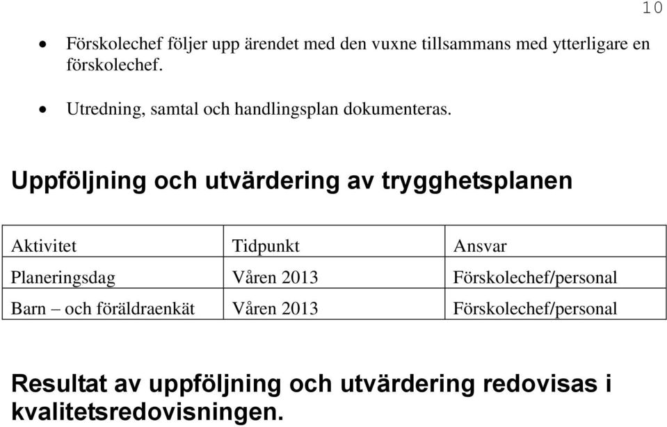 Uppföljning och utvärdering av trygghetsplanen Aktivitet Tidpunkt Ansvar Planeringsdag Våren 2013