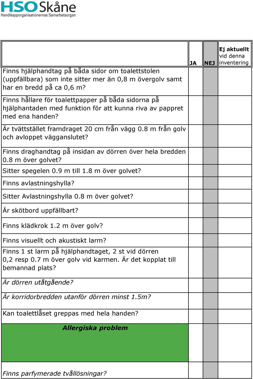 8 m från golv och avloppet vägganslutet? Finns draghandtag på insidan av dörren över hela bredden 0.8 m över golvet? Sitter spegelen 0.9 m till 1.8 m över golvet? Finns avlastningshylla?