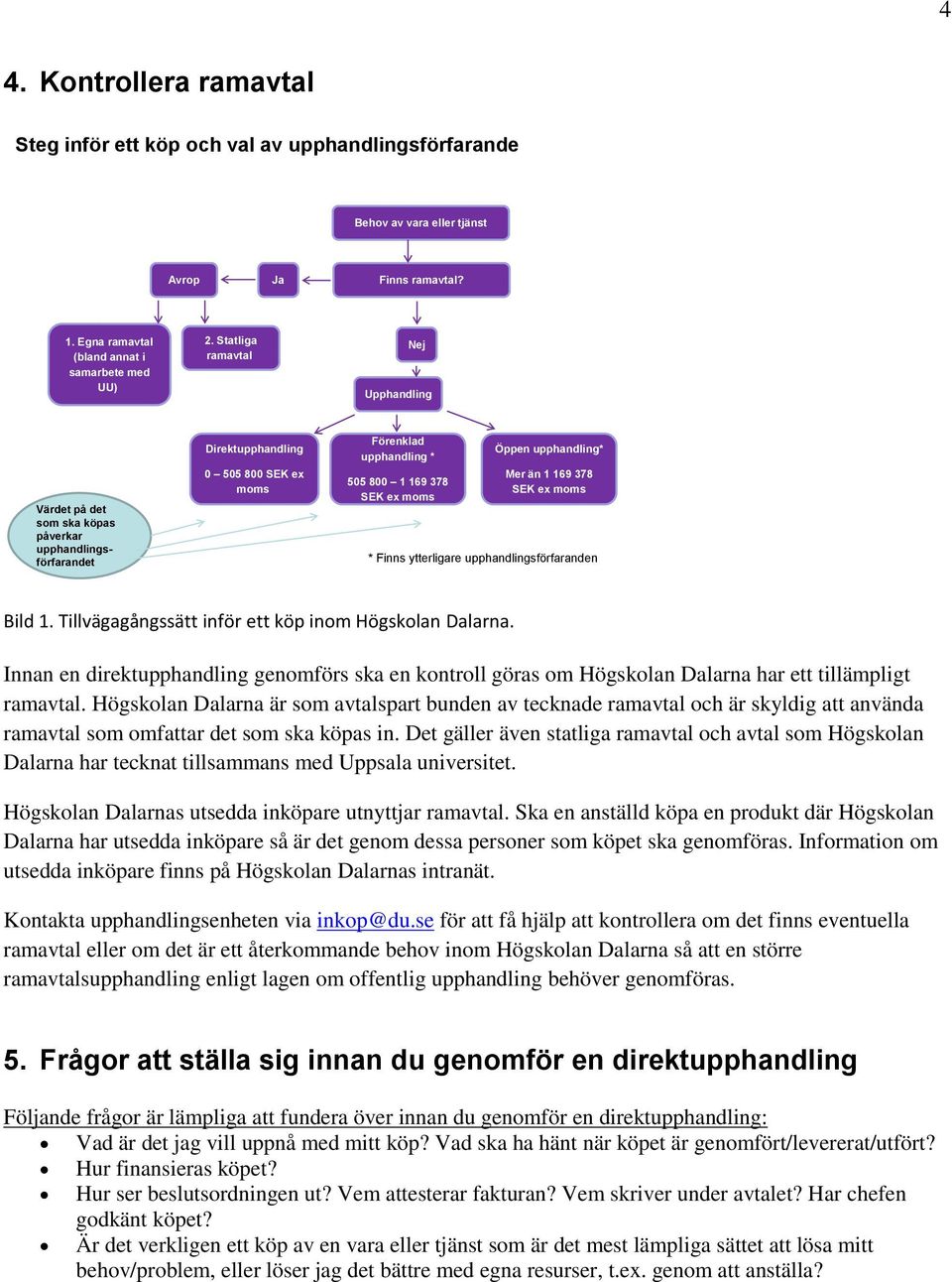 upphandling* Mer än 1 169 378 SEK ex moms * Finns ytterligare upphandlingsförfaranden Bild 1. Tillvägagångssätt inför ett köp inom Högskolan Dalarna.