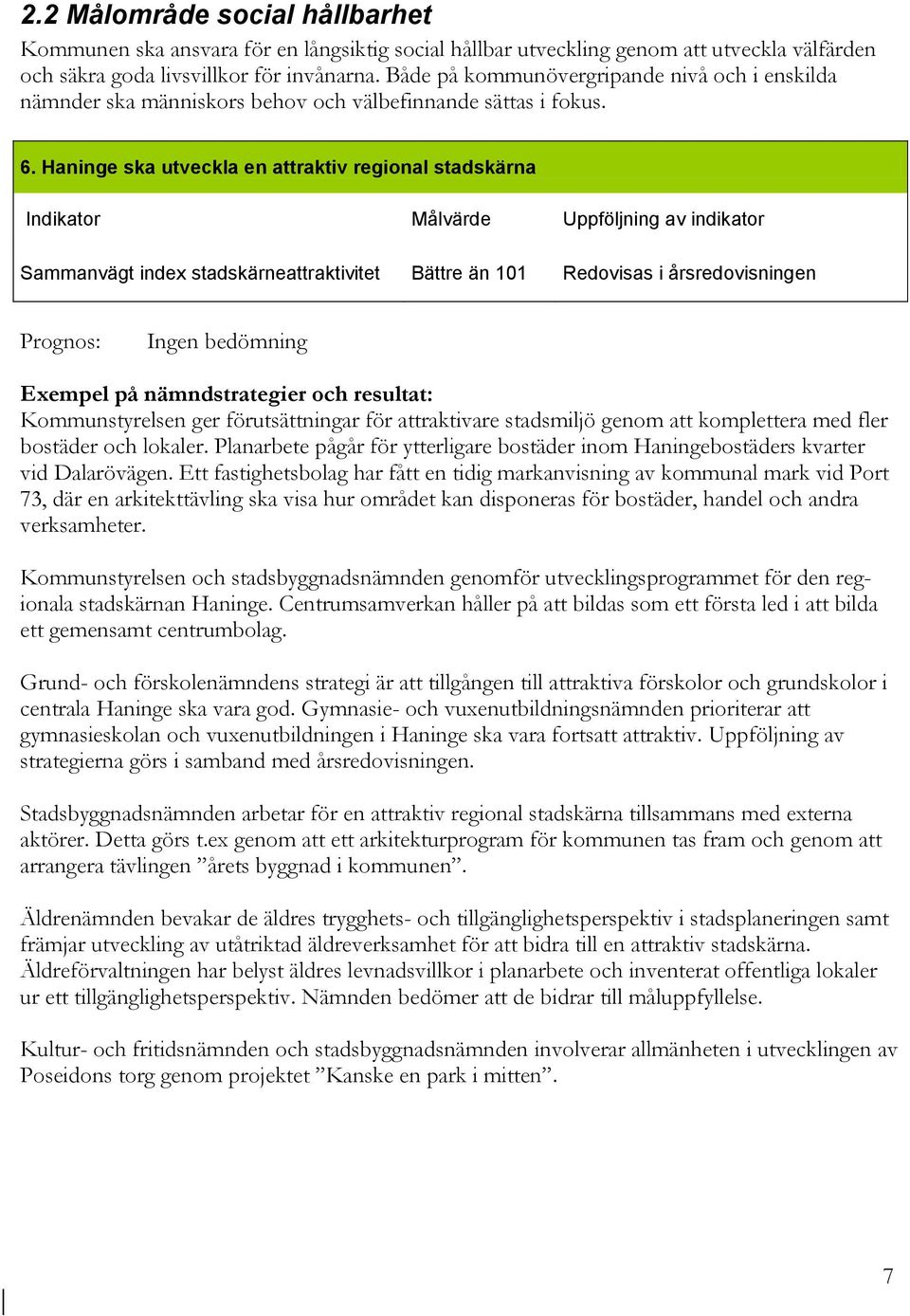 Haninge ska utveckla en attraktiv regional stadskärna Sammanvägt index stadskärneattraktivitet Bättre än 101 Redovisas i årsredovisningen Ingen bedömning Kommunstyrelsen ger förutsättningar för