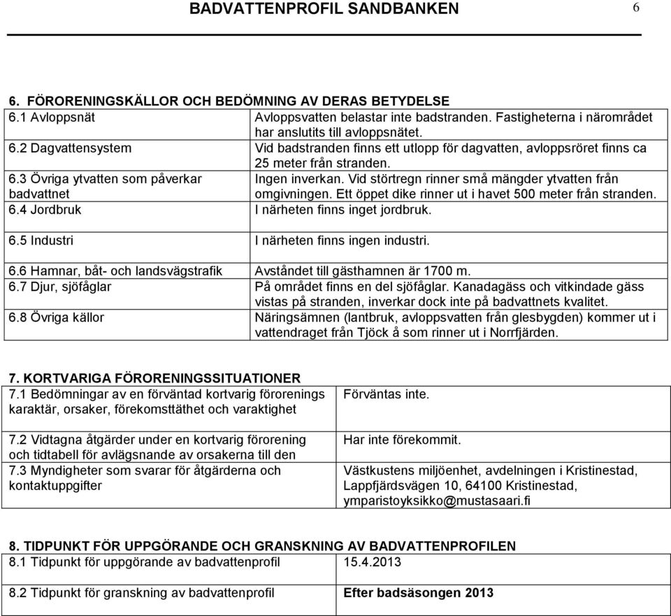 Vid störtregn rinner små mängder ytvatten från badvattnet omgivningen. Ett öppet dike rinner ut i havet 500 meter från stranden. 6.4 Jordbruk I närheten finns inget jordbruk. 6.5 Industri I närheten finns ingen industri.