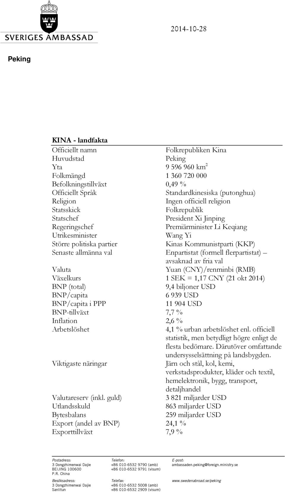 allmänna val Enpartistat (formell flerpartistat) avsaknad av fria val Valuta Yuan (CNY)/renminbi (RMB) Växelkurs 1 SEK = 1,17 CNY (21 okt 2014) BNP (total) 9,4 biljoner USD BNP/capita 6 939 USD