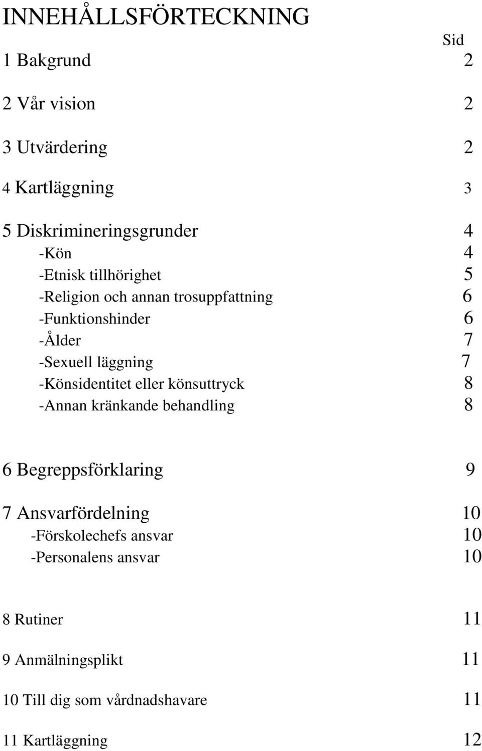 -Könsidentitet eller könsuttryck 8 -Annan kränkande behandling 8 6 Begreppsförklaring 9 7 Ansvarfördelning 10