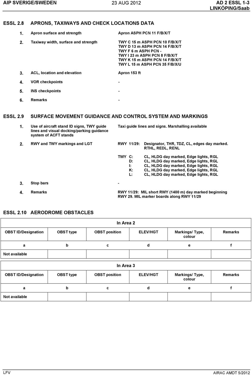 35 F/B/X/U 3. ACL, location and elevation Apron 153 ft 4. VOR checkpoints 5. INS checkpoints 6. Remarks ESSL 2.9 SURFACE MOVEMENT GUIDANCE AND CONTROL SYSTEM AND MARKINGS 1.