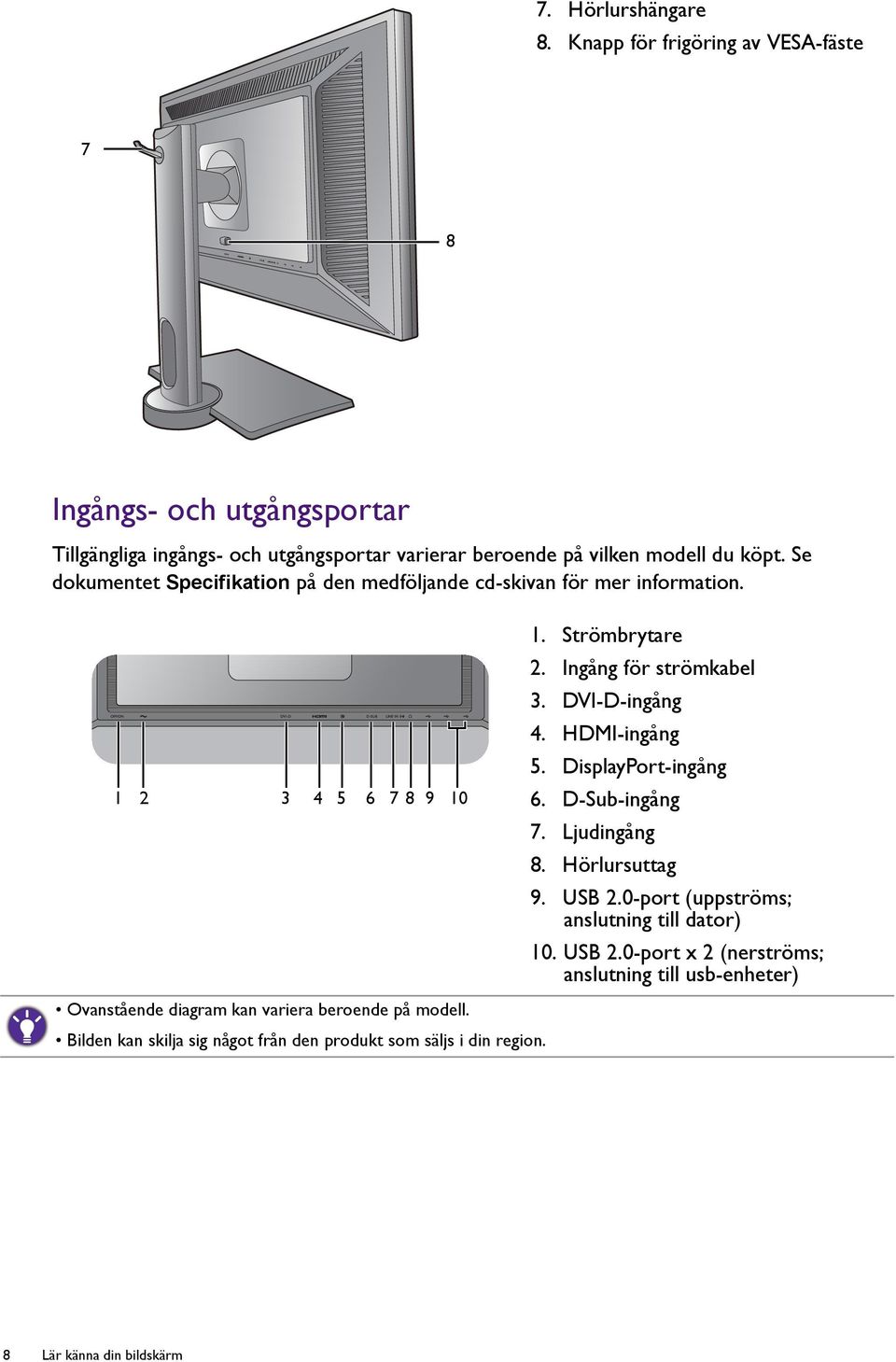 Se dokumentet Specifikation på den medföljande cd-skivan för mer information. 1 2 3 4 5 6 7 8 9 10 Ovanstående diagram kan variera beroende på modell.