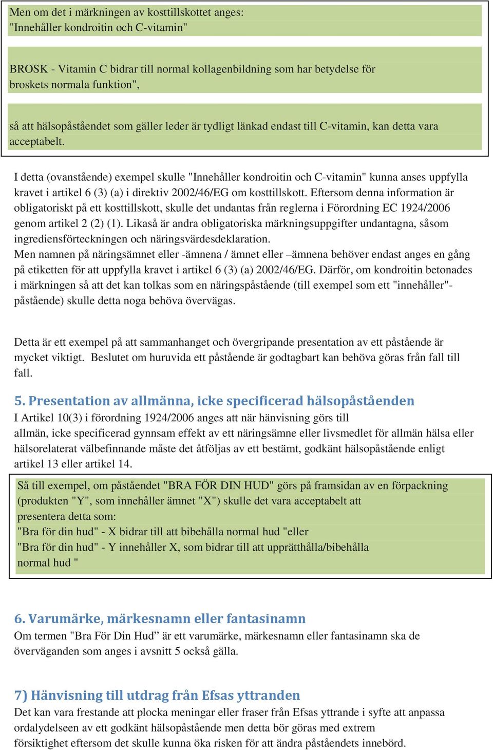 I detta (ovanstående) exempel skulle "Innehåller kondroitin och C-vitamin" kunna anses uppfylla kravet i artikel 6 (3) (a) i direktiv 2002/46/EG om kosttillskott.