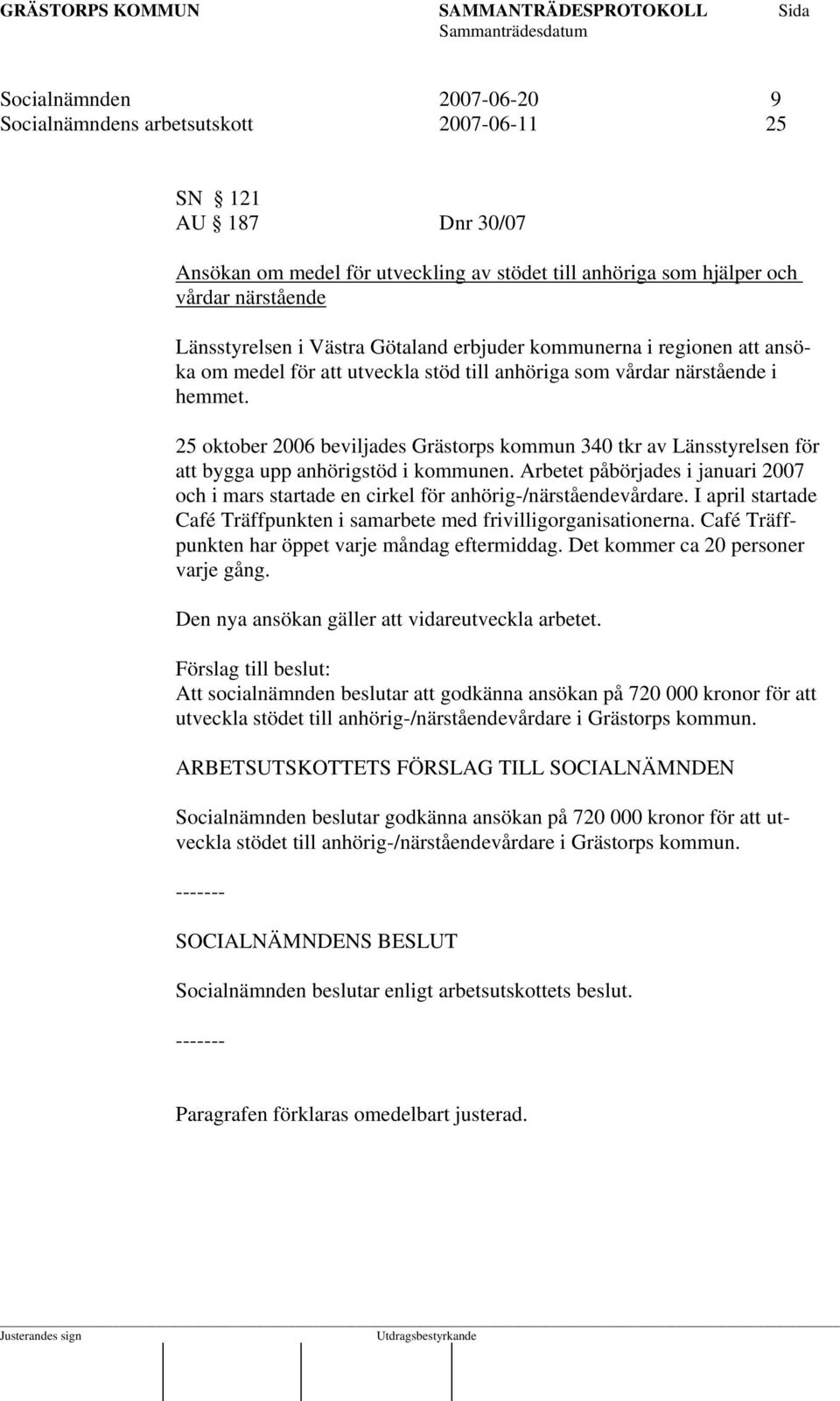 25 oktober 2006 beviljades Grästorps kommun 340 tkr av Länsstyrelsen för att bygga upp anhörigstöd i kommunen.