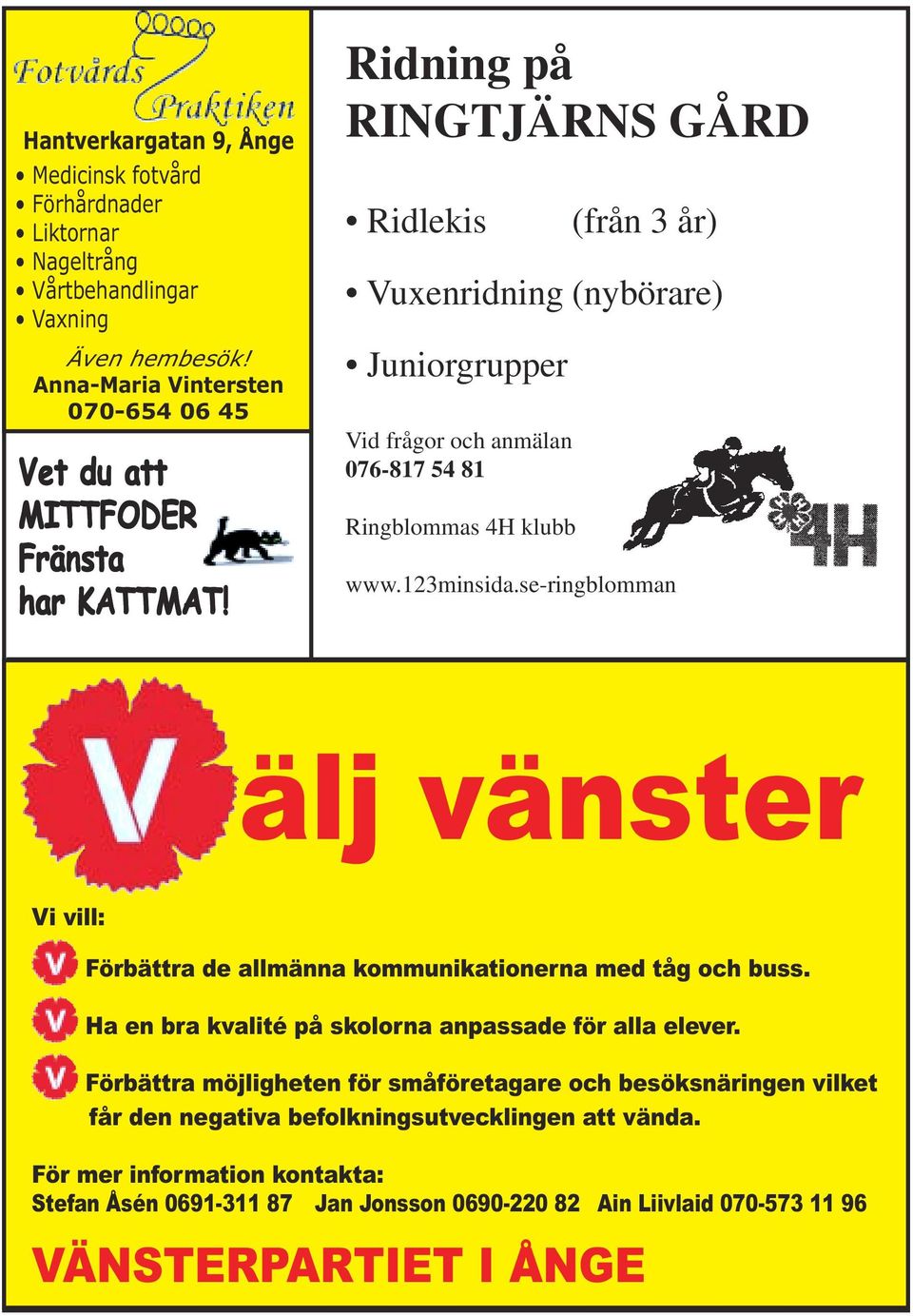 Ridning på RINGTJÄRNS GÅRD Ridlekis (från 3 år) Vuxenridning (nybörare) Juniorgrupper Vid frågor och anmälan 076-817 54 81 Ringblommas 4H klubb www.123minsida.