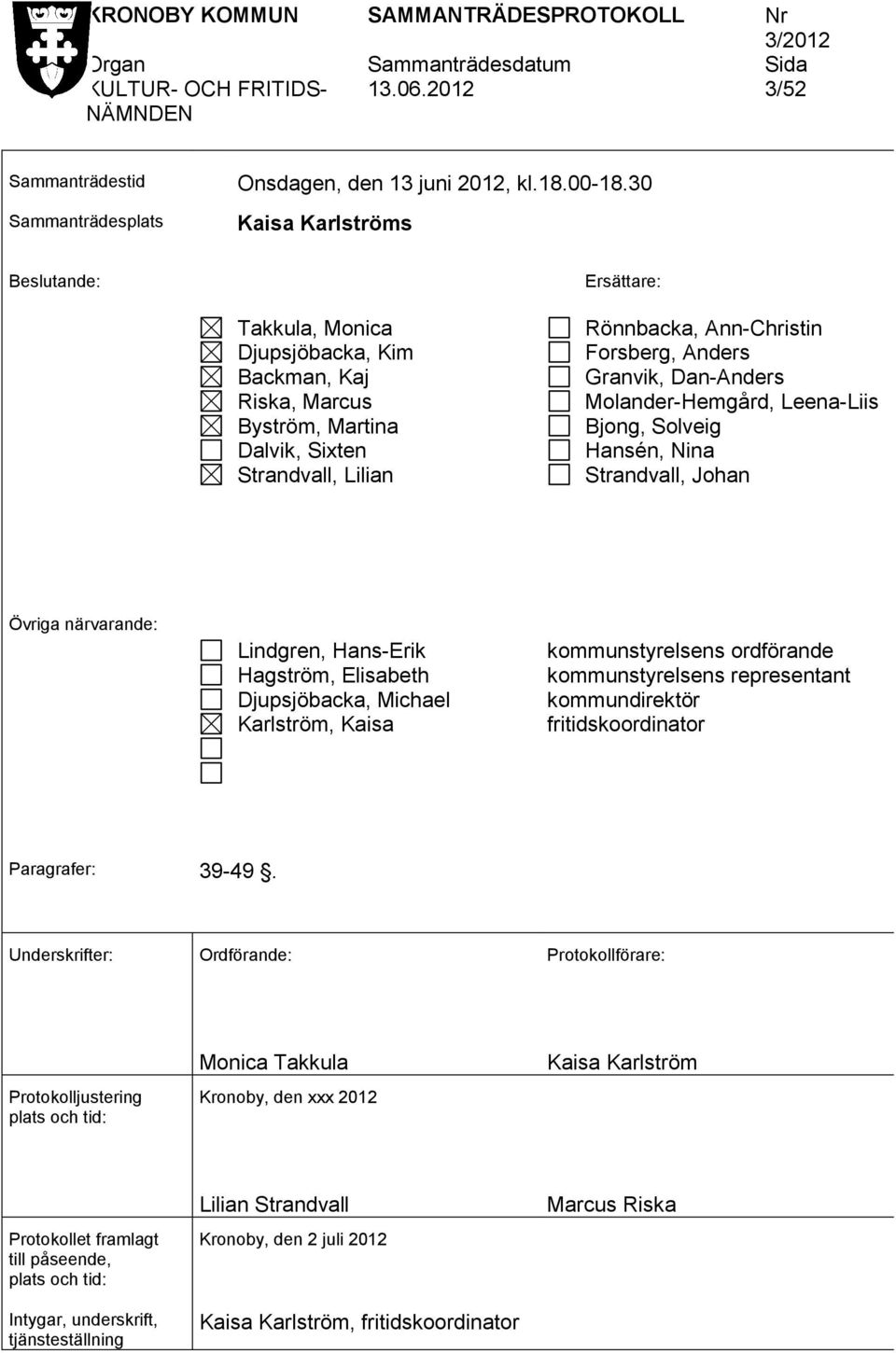 Granvik, Dan-Anders Molander-Hemgård, Leena-Liis Bjong, Solveig Hansén, Nina Strandvall, Johan Övriga närvarande: Lindgren, Hans-Erik Hagström, Elisabeth Djupsjöbacka, Michael Karlström, Kaisa
