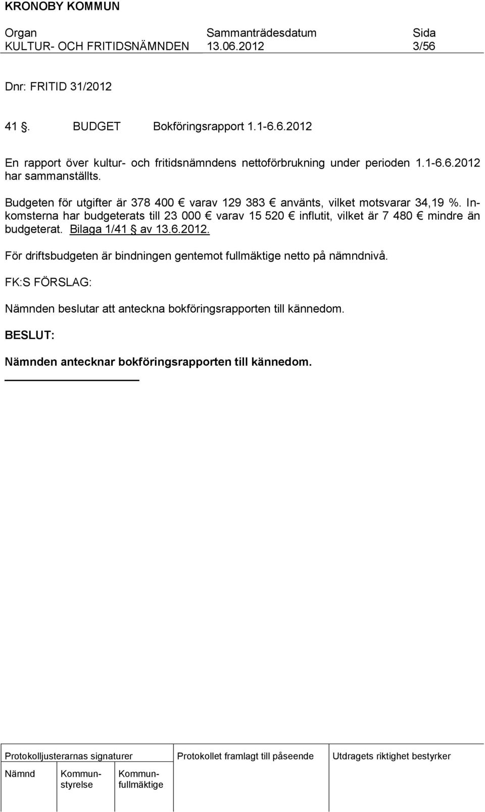 Inkomsterna har budgeterats till 23 000 varav 15 520 influtit, vilket är 7 480 mindre än budgeterat. Bilaga 1/41 av 13.6.2012.