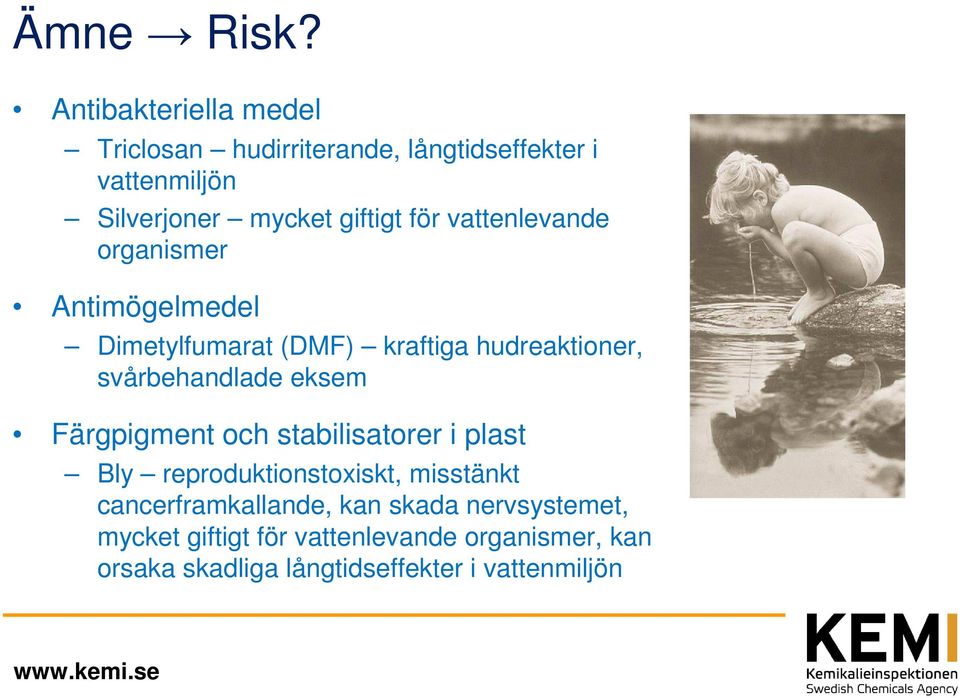 vattenlevande organismer Antimögelmedel Dimetylfumarat (DMF) kraftiga hudreaktioner, svårbehandlade eksem