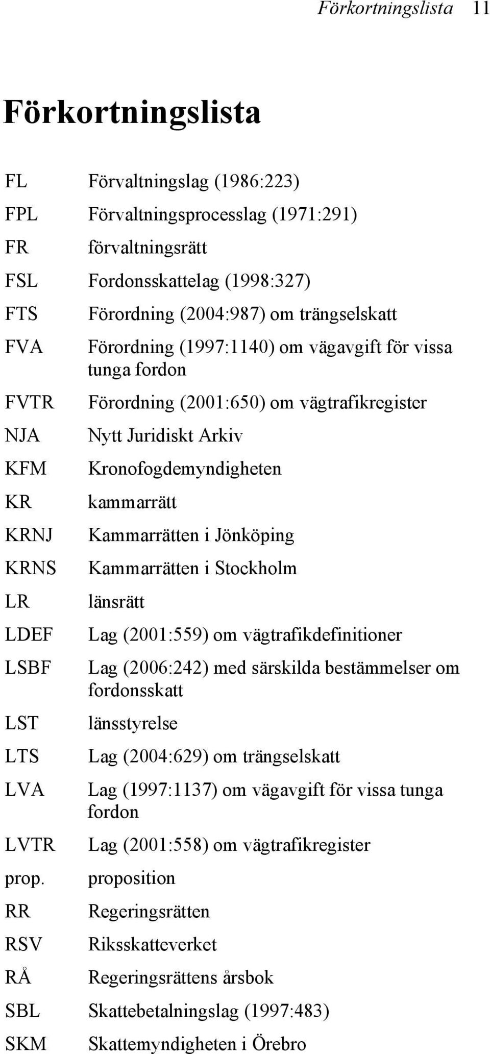 Kammarrätten i Jönköping KRNS Kammarrätten i Stockholm LR länsrätt LDEF Lag (2001:559) om vägtrafikdefinitioner LSBF Lag (2006:242) med särskilda bestämmelser om fordonsskatt LST länsstyrelse LTS Lag