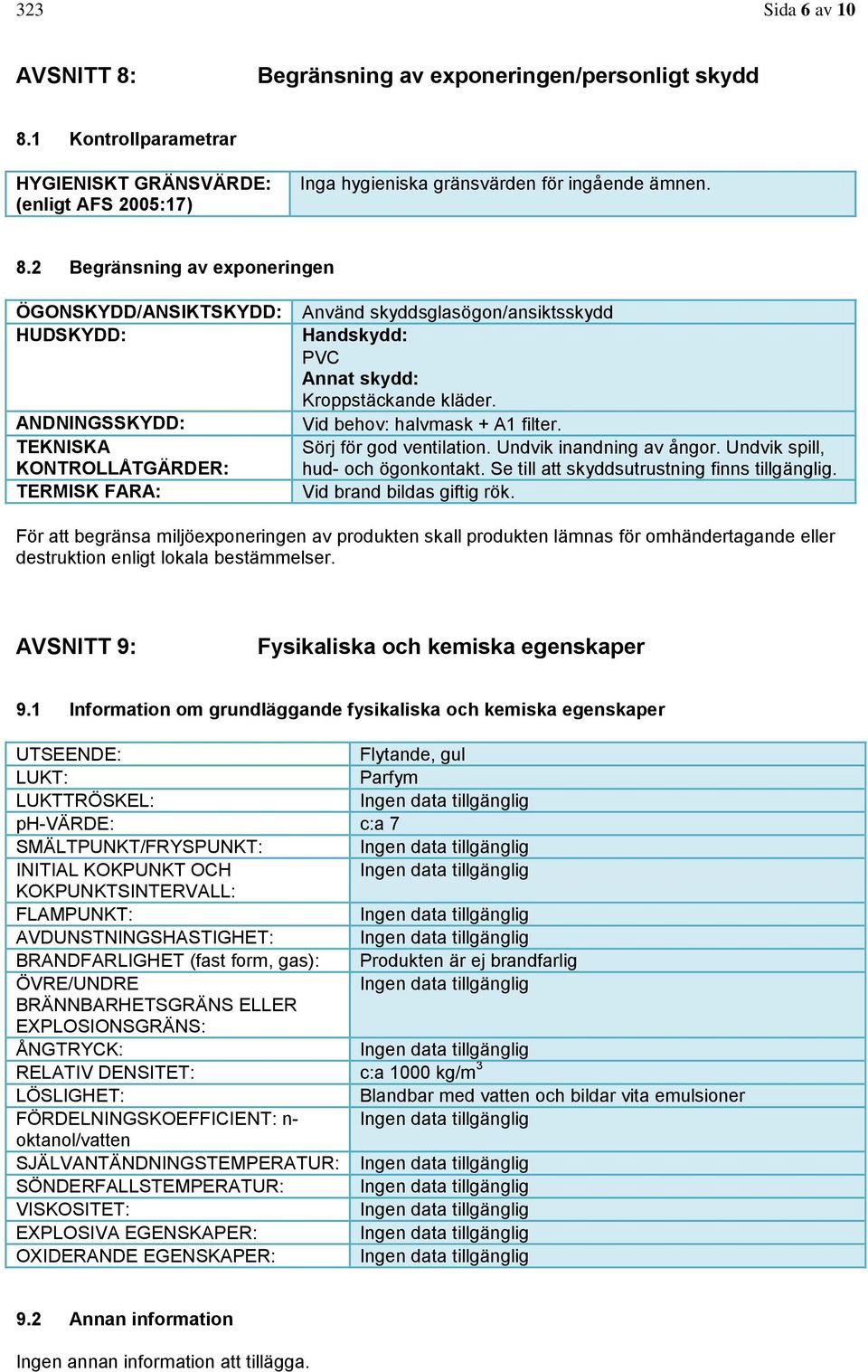 1 Kontrollparametrar HYGIENISKT GRÄNSVÄRDE: (enligt AFS 2005:17) Inga hygieniska gränsvärden för ingående ämnen. 8.
