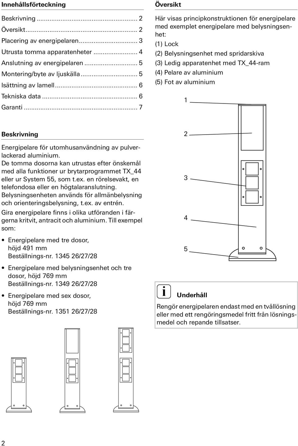 .. 7 Överskt Här vsas prncpkonstruktonen för energpelare med exemplet energpelare med belysnngsenhet: (1) Lock (2) Belysnngsenhet med sprdarskva (3) Ledg apparatenhet med TX_44-ram (4) Pelare av