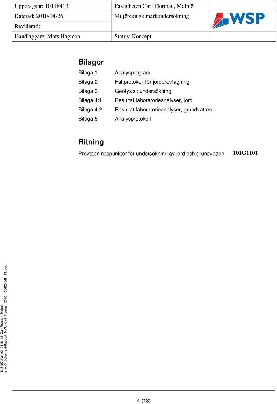 laboratorieanalyser, jord Resultat laboratorieanalyser, grundvatten Analysprotokoll Ritning Provtagningspunkter för undersökning av jord och grundvatten