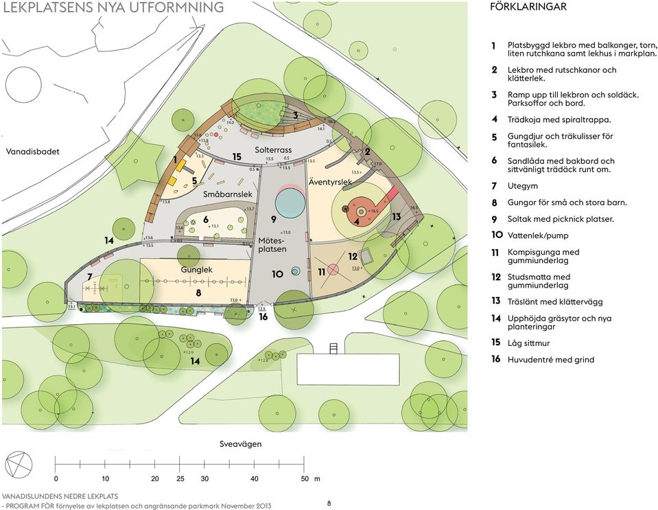 6 Sandlåda med bakbord och sittvänligt trädäck runt om. 7 Utegym 8 Gungor för små och stora barn. 9 Soltak med picknick platser.