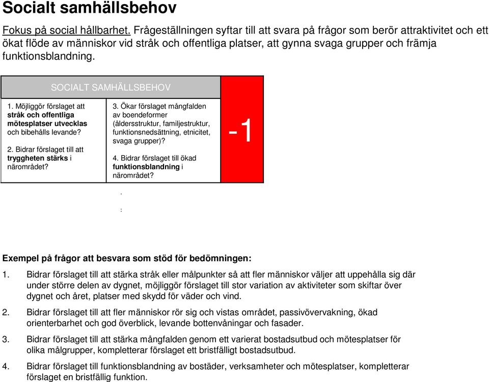 SOCIALT SAMHÄLLSBEHOV 1. Möjliggör förslaget att stråk och offentliga mötesplatser utvecklas och bibehålls levande? 2. Bidrar förslaget till att tryggheten stärks i närområdet? 3.