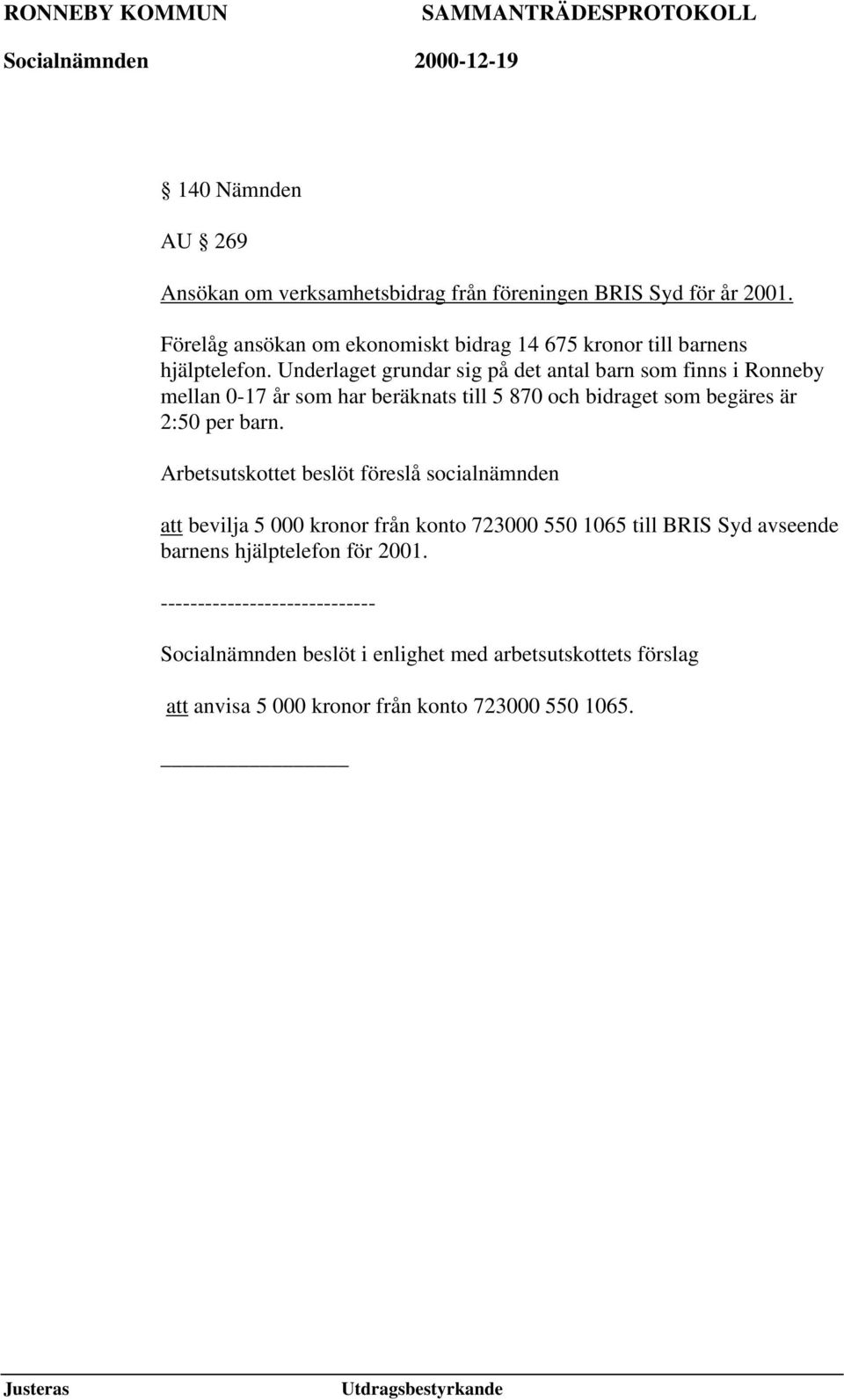 Underlaget grundar sig på det antal barn som finns i Ronneby mellan 0-17 år som har beräknats till 5 870 och bidraget som begäres är 2:50 per barn.