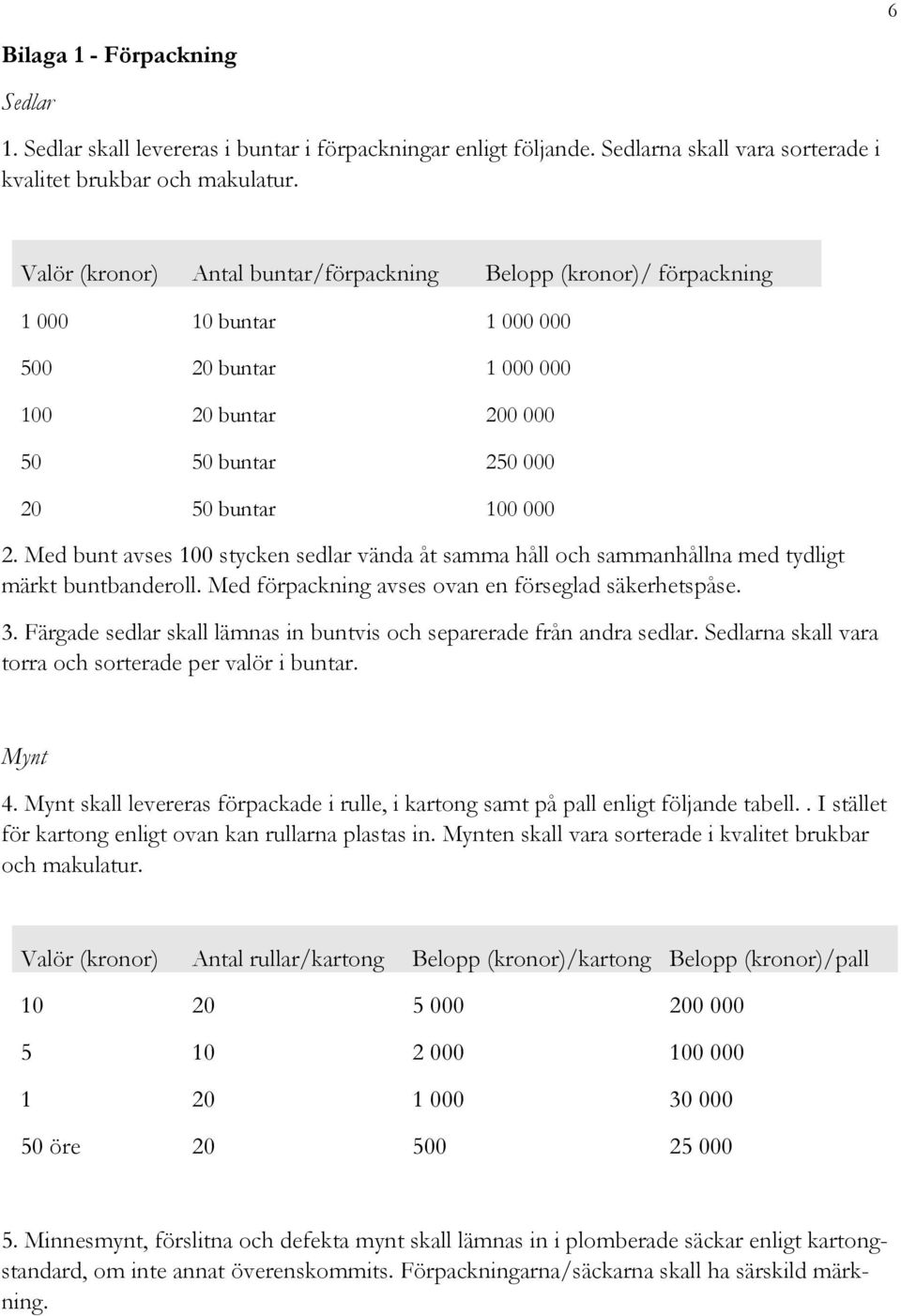 Med bunt avses 100 stycken sedlar vända åt samma håll och sammanhållna med tydligt märkt buntbanderoll. Med förpackning avses ovan en förseglad säkerhetspåse. 3.