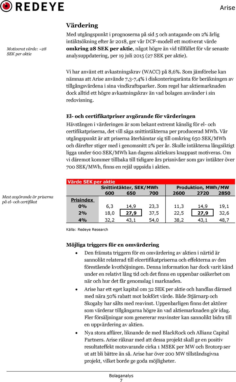 Som jämförelse kan nämnas att Arise använde 7,3-7,4% i diskonteringsränta för beräkningen av tillgångsvärdena i sina vindkraftsparker.
