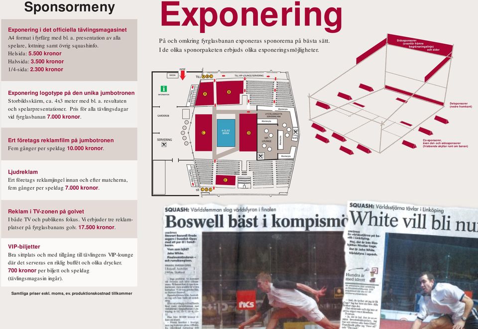 Sidosponsorer (ovanför främre begränsningslinje) och sidor Exponering logotype på den unika jumbotronen Storbildsskärm, ca. 4x3 meter med bl. a. resultaten och spelarpresentationer.