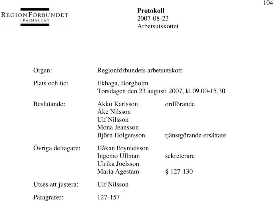 30 ande: Akko Karlsson ordförande Åke Nilsson Ulf Nilsson Mona Jeansson Björn Holgersson