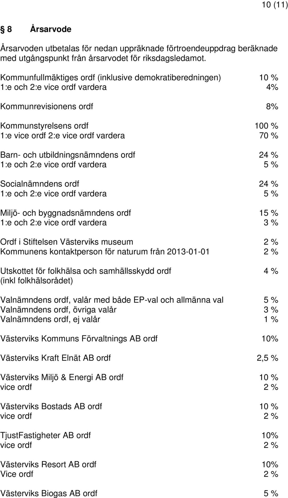 utbildningsnämndens ordf 24 % 1:e och 2:e vice ordf vardera 5 % Socialnämndens ordf 24 % 1:e och 2:e vice ordf vardera 5 % Miljö- och byggnadsnämndens ordf 15 % 1:e och 2:e vice ordf vardera 3 % Ordf