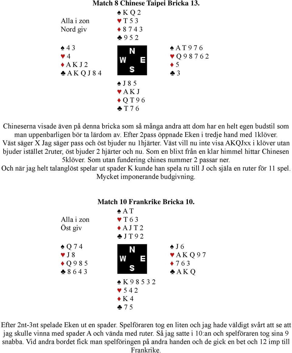 lärdom av. Efter 2pass öppnade Eken i tredje hand med 1klöver. Väst säger X Jag säger pass och öst bjuder nu 1hjärter.