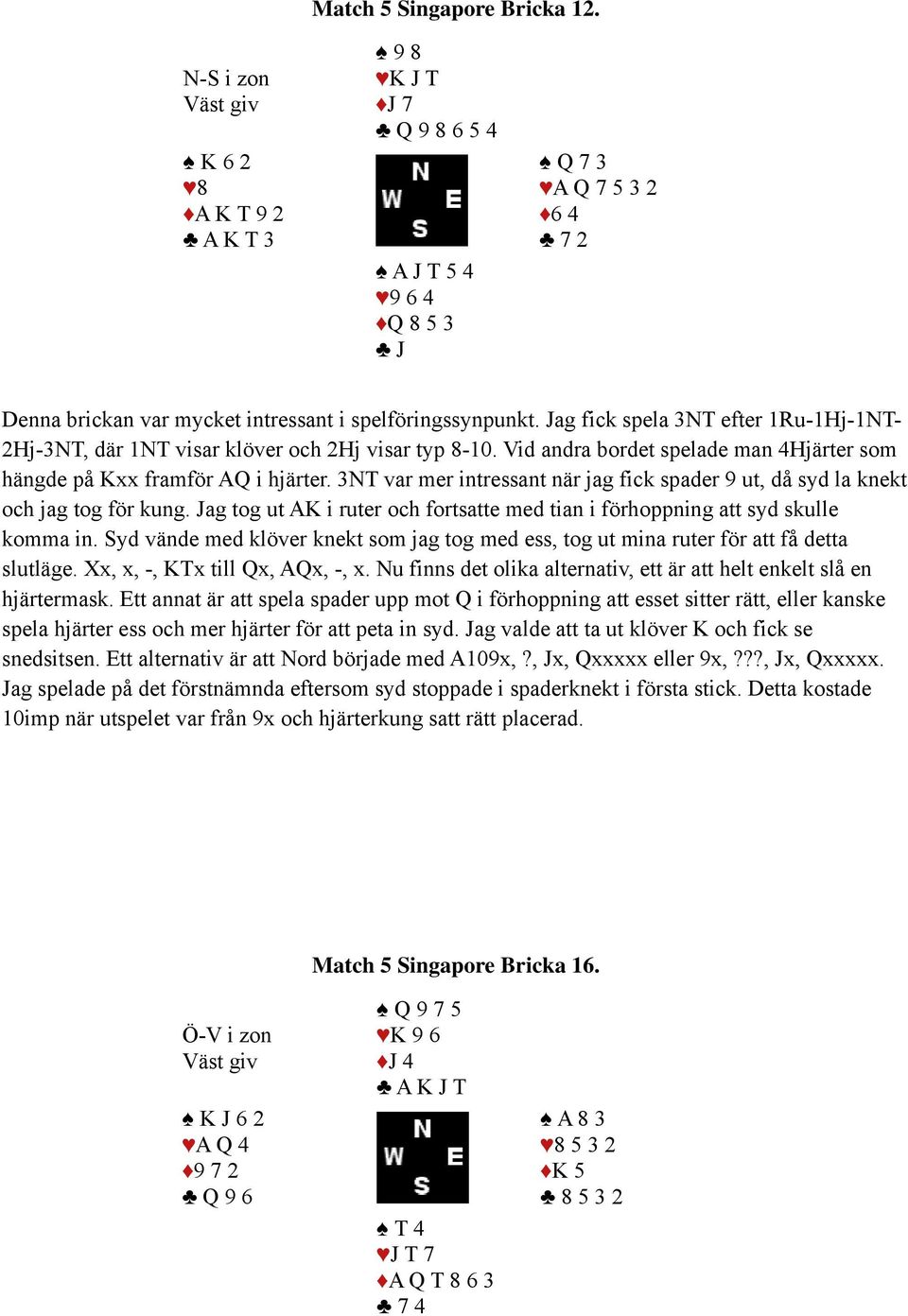 Jag fick spela 3NT efter 1Ru-1Hj-1NT- 2Hj-3NT, där 1NT visar klöver och 2Hj visar typ 8-10. Vid andra bordet spelade man 4Hjärter som hängde på Kxx framför AQ i hjärter.