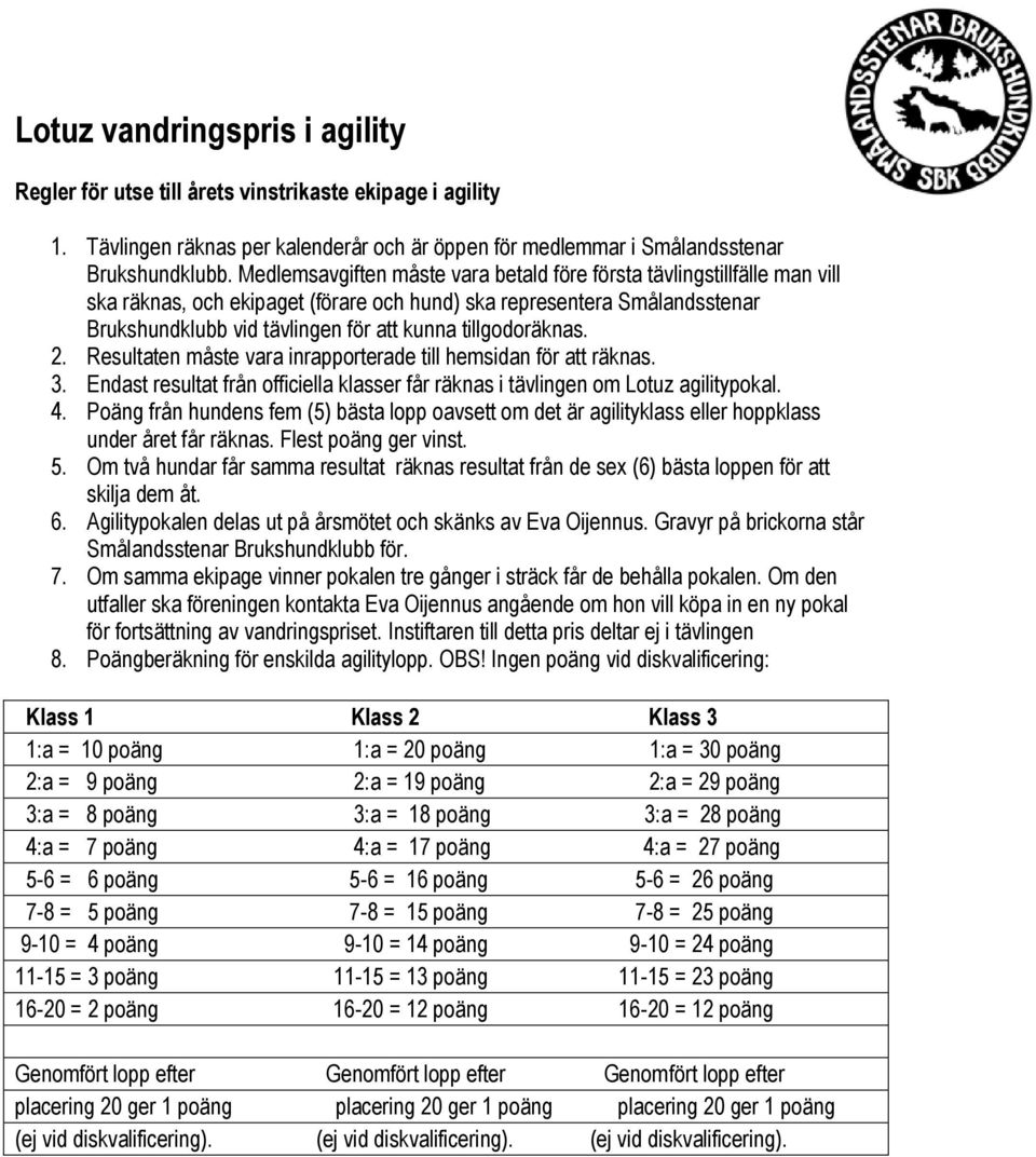 tillgodoräknas. 2. Resultaten måste vara inrapporterade till hemsidan för att räknas. 3. Endast resultat från officiella klasser får räknas i tävlingen om Lotuz agilitypokal. 4.