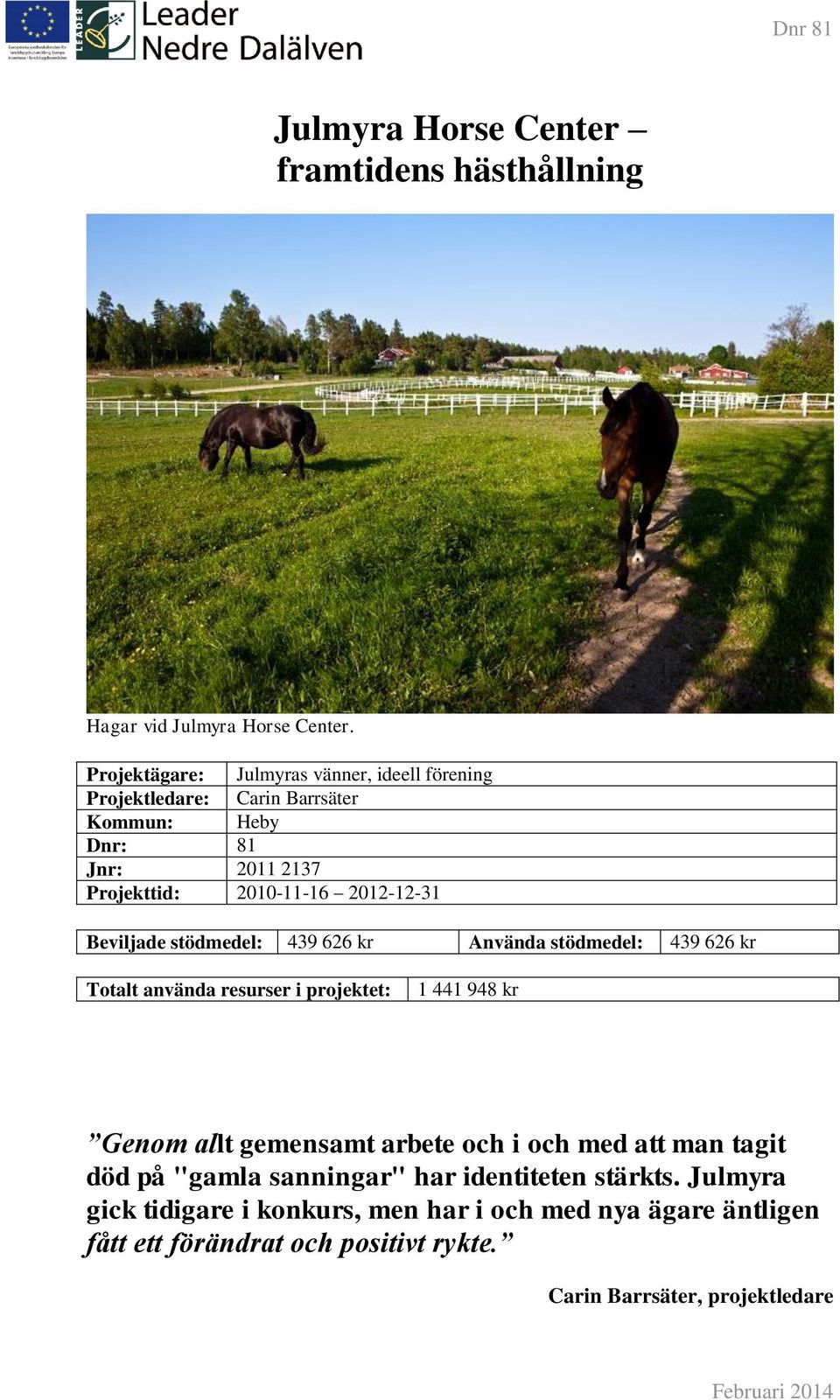 2012-12-31 Beviljade stödmedel: 439 626 kr Använda stödmedel: 439 626 kr Totalt använda resurser i projektet: 1 441 948 kr Genom allt gemensamt